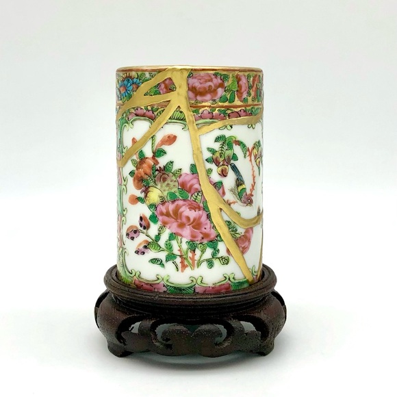 Kintsugi Brush Pot Chinese Famille Rose Cup Gold Crack Art Personal Growth Gift - Picture 14 of 17